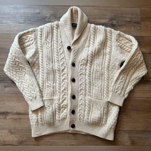 Orvis Cream Merino Wool Fisherman Shawl Collar Cardigan Ireland Irish L - Picture 1 of 8